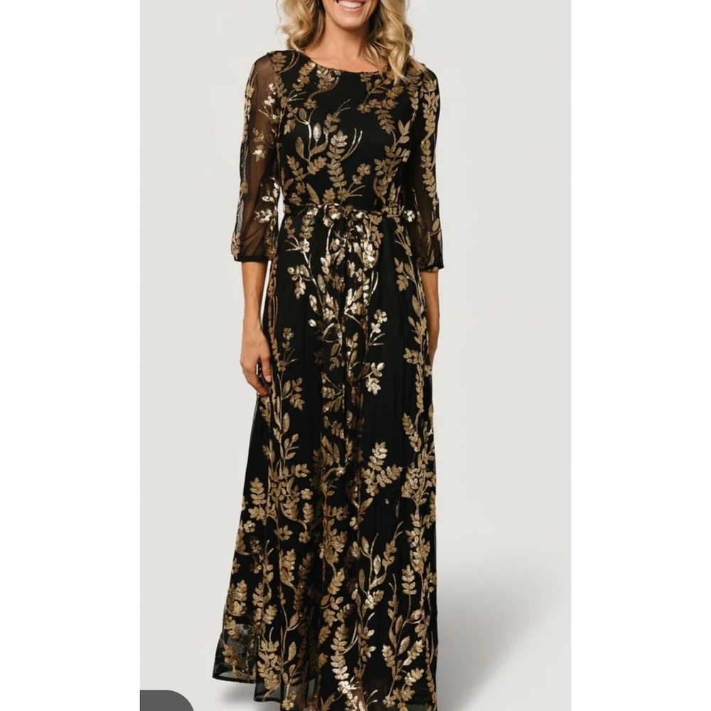 Baltic Born Destiny Sequin Maxi Dress Black Gold Floral Formal Evening Gown Med
